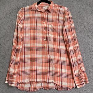 J Crew Factory Shirt Womens Size XS Orange Plaid Cotton Crinkle Gauze Popover